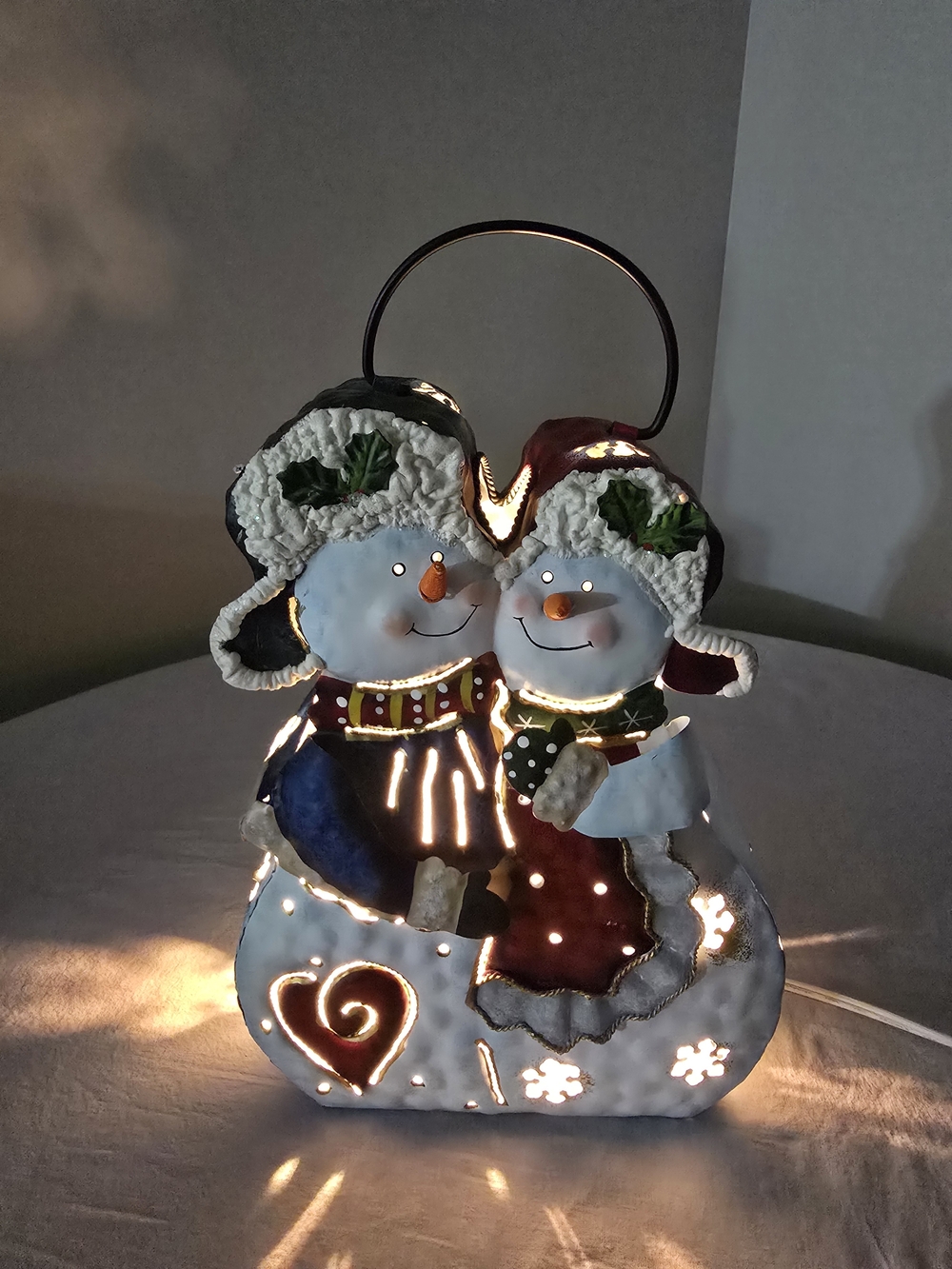 VTG Retired 3D Home Interiors Metal Snowmen Lighted Luminary Decor Lantern 10"